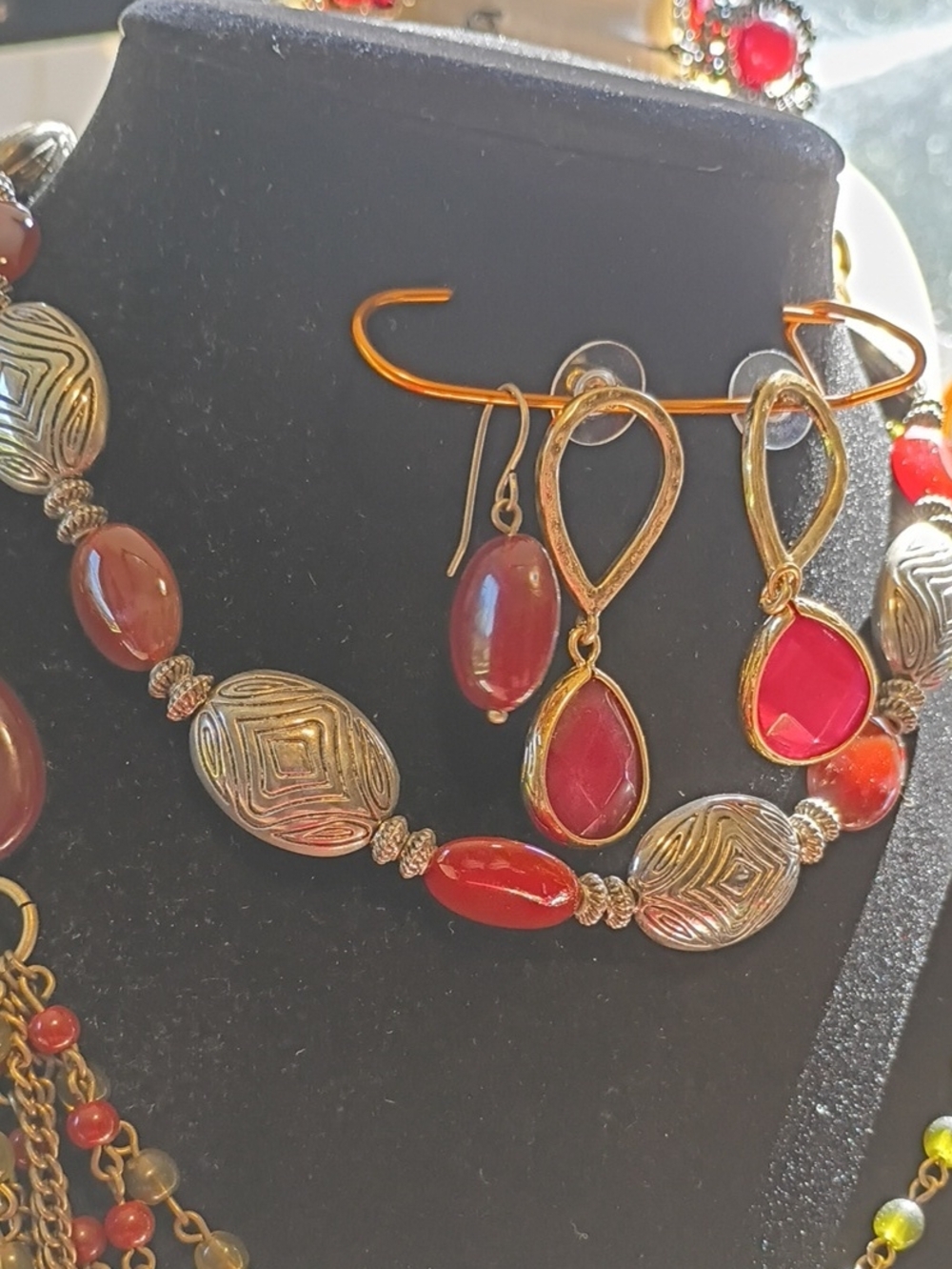 Gold-Tone Red Teardrop Pendant Earrings and Beaded Necklace Set